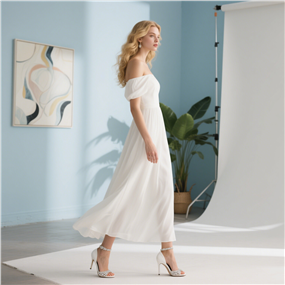 欧美性感一字肩白裙美女人像摄影图片